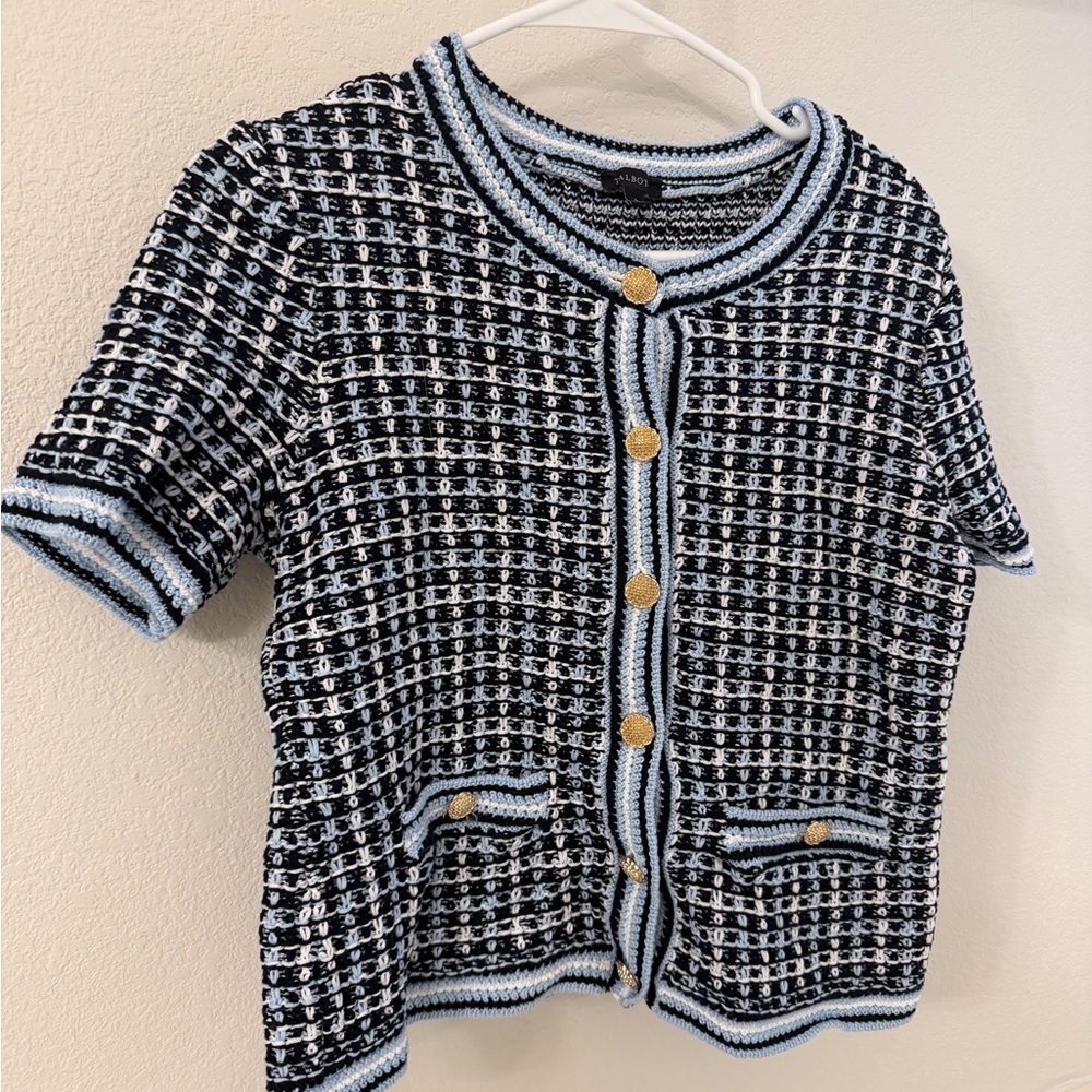 Talbots Navy and Cream Knit Cardigan with Gold Buttons